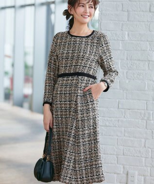 Tiaclasse 【安田美沙子さん着用・洗える】配色ツイードワンピース ベージュ
