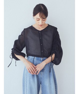 earth music&ecology キラキラシアーギャザーシャツ Black