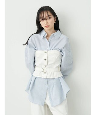 earth music&ecology サッカーストライプボーイズライクシャツ Blue