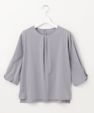 J.PRESS LADIES L ピンストライプジャージー ボリュームスリーブ カットソー ライトグレー系1