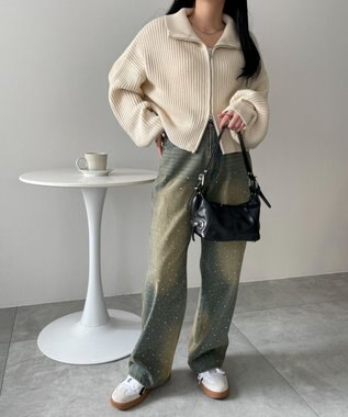 WEGO ダブルジップショートニットブルゾン ホワイトアイボリー