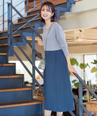 Tiaclasse L 【洗える】1枚で着映えするプリーツニットワンピース サックスグレー