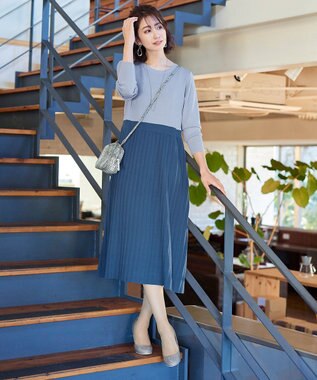 Tiaclasse L 【洗える】1枚で着映えするプリーツニットワンピース サックスグレー