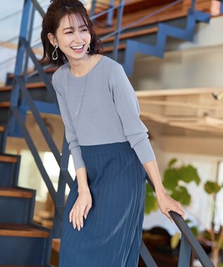 Tiaclasse L 【洗える】1枚で着映えするプリーツニットワンピース サックスグレー