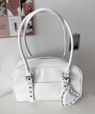 WEGO スタッズハートチャーム付きハトメボストン ホワイト