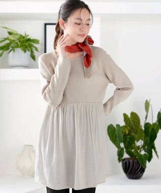 Tiaclasse L ヴィンテージサテンドッキングニットチュニック グレージュ