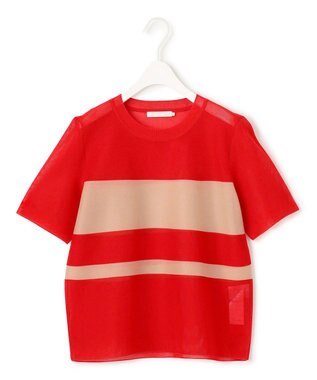 ICB 【洗える】 シアースムースボーダー ニット レッド×チノベージュ系