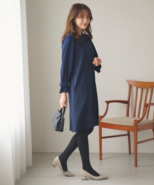 Feroux 【洗える】リボンスリーブダンボール ワンピース ネイビー系