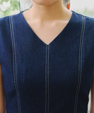 Tiaclasse 【洗える】デニムタックフレアワンピース ネイビー