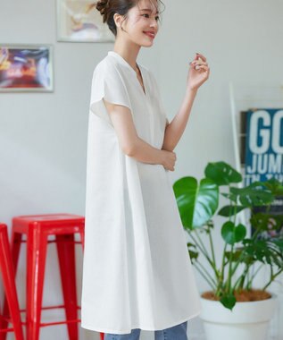 Tiaclasse 【洗える】リネンミックススキッパーシャツワンピース オフホワイト