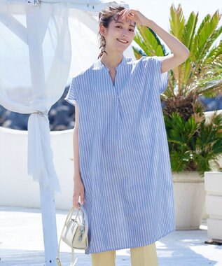 Tiaclasse 【洗える】リネンミックススキッパーシャツワンピース サックスストライプ