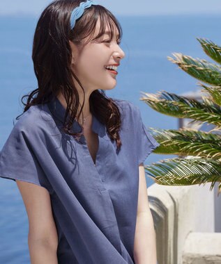 Tiaclasse 【洗える】リネンミックススキッパーシャツワンピース ブルーグレー