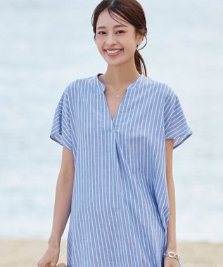 Tiaclasse 【洗える】リネンミックススキッパーシャツワンピース サックスストライプ