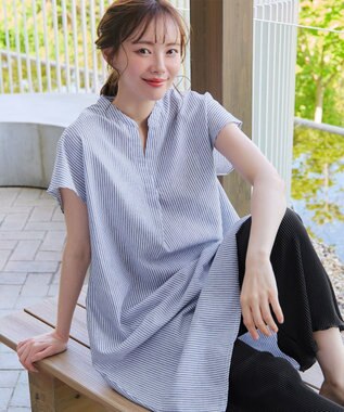 Tiaclasse 【洗える】リネンミックススキッパーシャツワンピース ブルーグレーストライプ