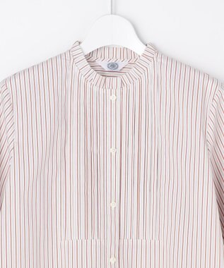 J.PRESS LADIES BEZコットンナイロン ストライプ フリル襟 ブラウス ホワイト×グレー系