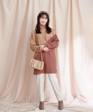 Tiaclasse 【洗える】配色ドルマンニットチュニック ピンク