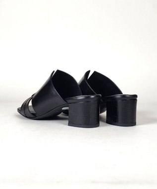 Dominic3 型押しヒール レザーVカットミュール ブラック