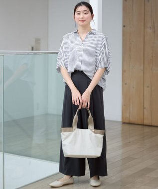 ANY 【新色追加】スキッパーネック袖タックブラウス ブルーストライプ