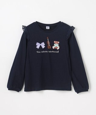 ANY KIDS おけいこモチーフ刺繍入り 長袖Tシャツ ネイビー（くま×バイオリン）
