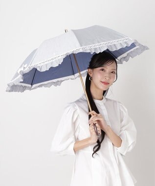 MOONBAT 【遮光/晴雨兼用日傘】POLO RALPH LAUREN(ポロ ラルフローレン) ストライプフリル 折りたたみ傘 楽折 遮熱 UV ディープブルー