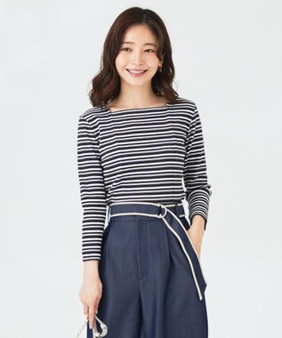 ANY SIS 【前後着用可】マルチボーダー2WAYテレコ カットソー ネイビー系