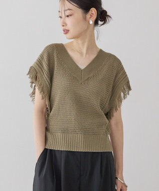 AMERICAN HOLIC 袖フリンジショート丈プルオーバー Olive