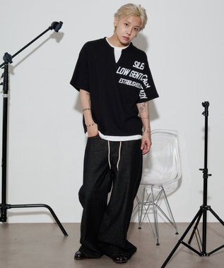 WEGO 【ユニセックス着用ITEM/MLサイズ展開】キーネックフェイクレイヤードグラフィックT（SS） ブラック