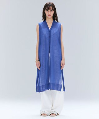 BEIGE， 【洗える】MILANO / リネン混シアーロングジレカーディガン Blue