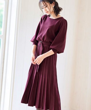 Tiaclasse 【洗える】1枚で着映えするパフ袖プリーツニットワンピース ワイン