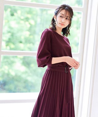 Tiaclasse 【洗える】1枚で着映えするパフ袖プリーツニットワンピース ワイン