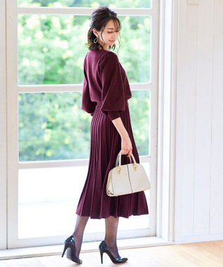 Tiaclasse 【洗える】1枚で着映えするパフ袖プリーツニットワンピース ワイン