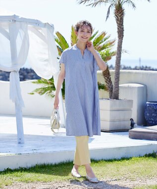 Tiaclasse 【洗える】リネンミックススキッパーシャツワンピース サックスストライプ