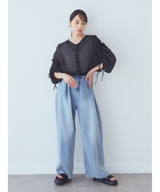 earth music&ecology キラキラシアーギャザーシャツ Black