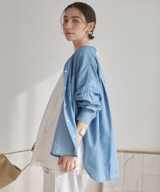 WEGO 【ANGIE VINTAGE】シアーデニムバンドカラーシャツ サックス