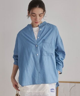 WEGO 【ANGIE VINTAGE】シアーデニムバンドカラーシャツ サックス