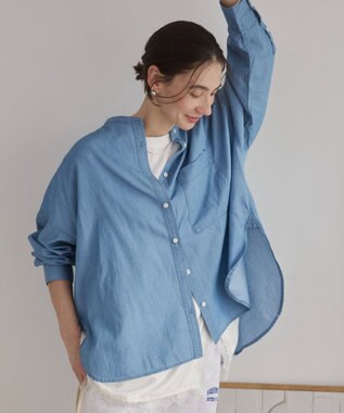 WEGO 【ANGIE VINTAGE】シアーデニムバンドカラーシャツ サックス