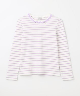 ANY KIDS リボン×ボーダー長袖Tシャツ ラベンダー×エクリュ