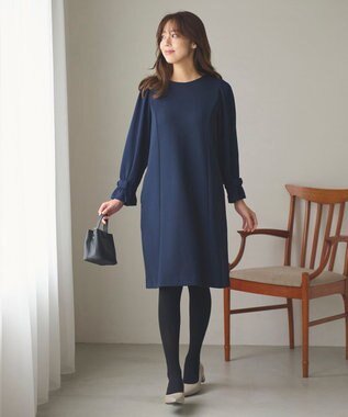 Feroux 【洗える】リボンスリーブダンボール ワンピース ネイビー系