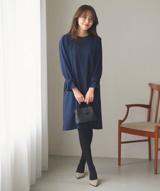 Feroux 【洗える】リボンスリーブダンボール ワンピース ネイビー系