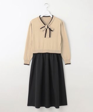 Feroux 【洗える】ニットドッキング ボウタイワンピース ベージュ系