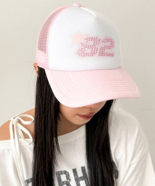 WEGO ナンバリングラインストーンメッシュキャップ ライトピンク