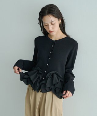 YECCA VECCA パール釦ラッフルカーディガン