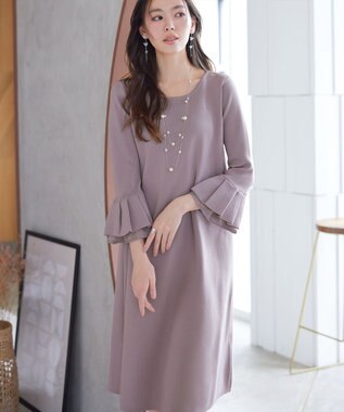 Tiaclasse シフォンフレア袖スポンジニットワンピース グレージュ