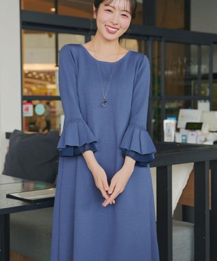 Tiaclasse シフォンフレア袖スポンジニットワンピース ブルー