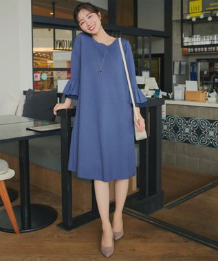 Tiaclasse シフォンフレア袖スポンジニットワンピース ブルー