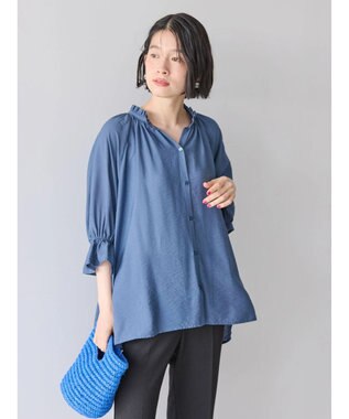 AMERICAN HOLIC 接触冷感　フリル衿５分袖ブラウス Navy