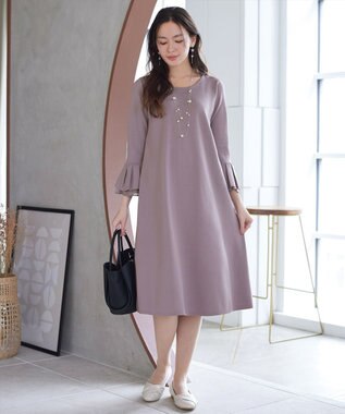 Tiaclasse シフォンフレア袖スポンジニットワンピース グレージュ