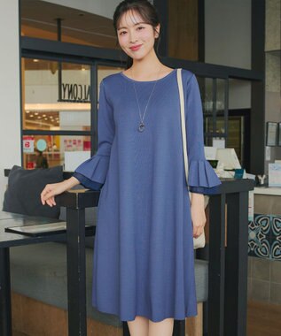 Tiaclasse シフォンフレア袖スポンジニットワンピース ブルー