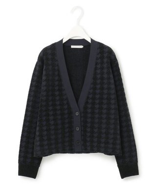 ICB L 【洗える】ハウンドトゥースパターン Vネックカーディガン ネイビー系