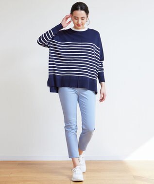 UNFILO 【抗菌防臭】スタイルアップニット　クルーネック ネイビー×ホワイト